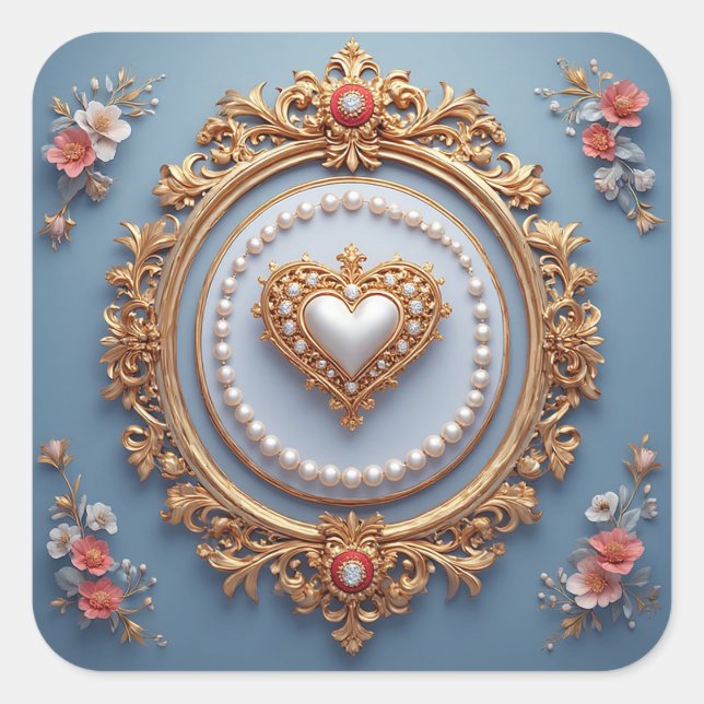 Ornate Gold Frame With Heart Gem Square Sticker (Front)