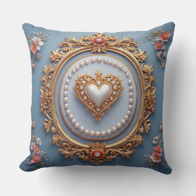 Ornate Gold Frame With Heart Gem Throw Pillow (Front)