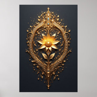 Ornate Gold Frame With Large Metallic Flower Medal Poster