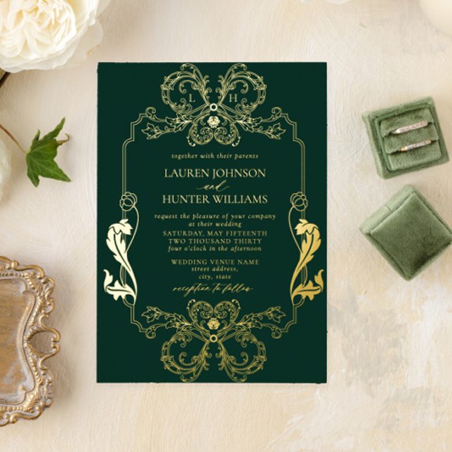Ornate Gold Green Floral Line Art Monogram Wedding (Creator Uploaded)