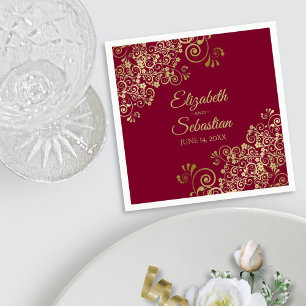 Ornate Gold Lace Elegant Maroon Burgundy Wedding Napkin
