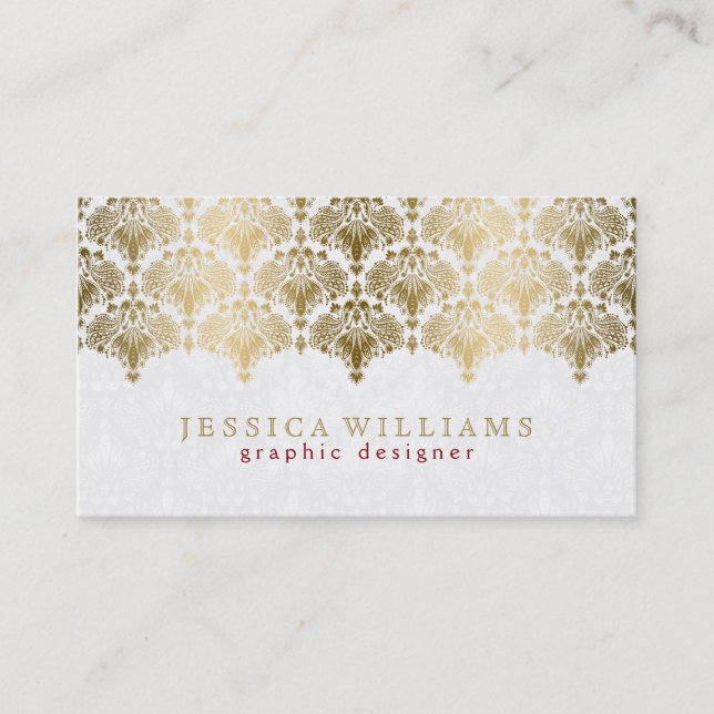 Ornate Gold Lace On Plush White Business Card (Front)