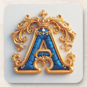 Ornate Gold Letter A With Crown Frame Design Coaster