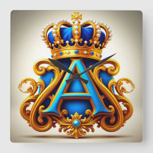 Ornate Gold Letter A With Crown Frame Design Square Wall Clock