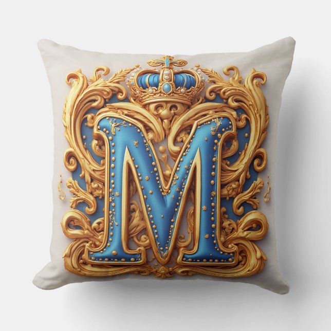 Ornate Gold Letter M With Crown Frame Design Throw Pillow (Front)