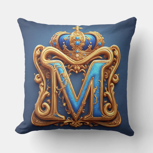 Ornate Gold Letter M With Crown Frame Design Throw Pillow (Front)