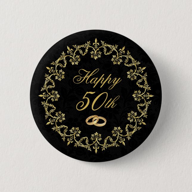 Ornate Gold on Black 50th Wedding Anniversary 2 Inch Round Button (Front)