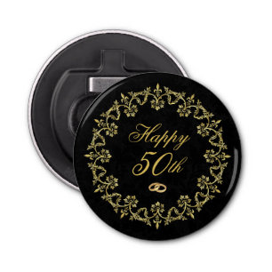Ornate Gold on Black 50th Wedding Anniversary Bottle Opener