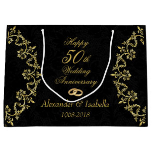 Ornate Gold on Black 50th Wedding Anniversary Large Gift Bag