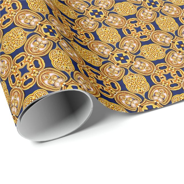 Ornate Gold on Midnight Embroidery Look Historic Wrapping Paper (Roll Corner)