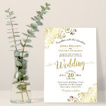 Ornate Gold on White Elegant Calligraphy Wedding Invitation<br><div class="desc">This beautiful wedding invitation features a simple yet elegant design with lacy script calligraphy on a white background and frilly gold faux foil filigree in the corners. The wording is formal,  but the layout is modern and stylish.</div>