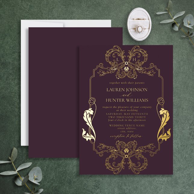 Ornate Gold Purple Floral Line Monogram Wedding (Creator Uploaded)