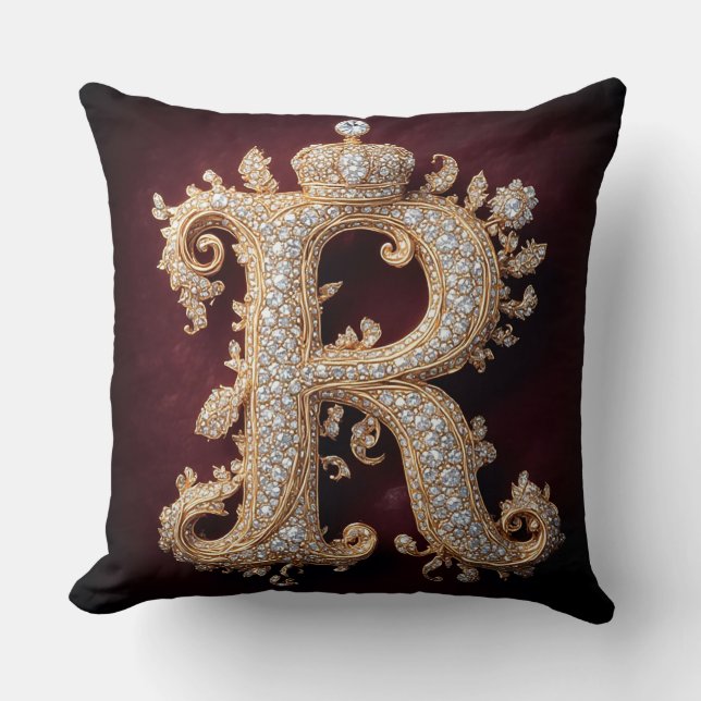Ornate Gold 'R' Adorned with Diamonds Throw Pillow (Front)