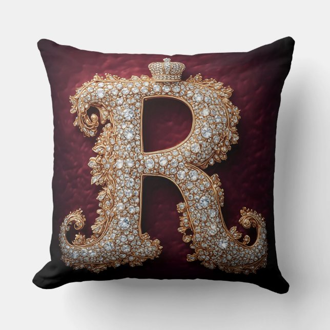 Ornate Gold 'R' Adorned with Diamonds Throw Pillow (Front)
