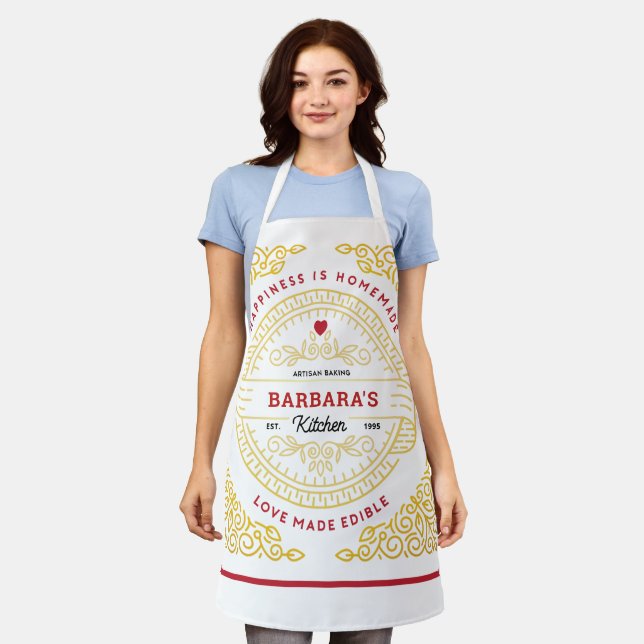 Ornate Gold Scroll Love Made Edible Hipster Lines Apron (Worn)