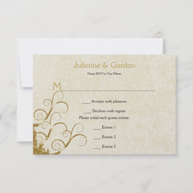 Ornate Gold Sparkle Swirls and Cream  RSVP (Front)