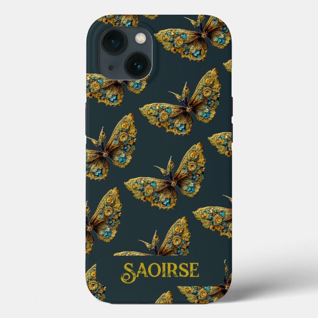 Ornate Gold & Teal Butterfly Phone Case (Back)