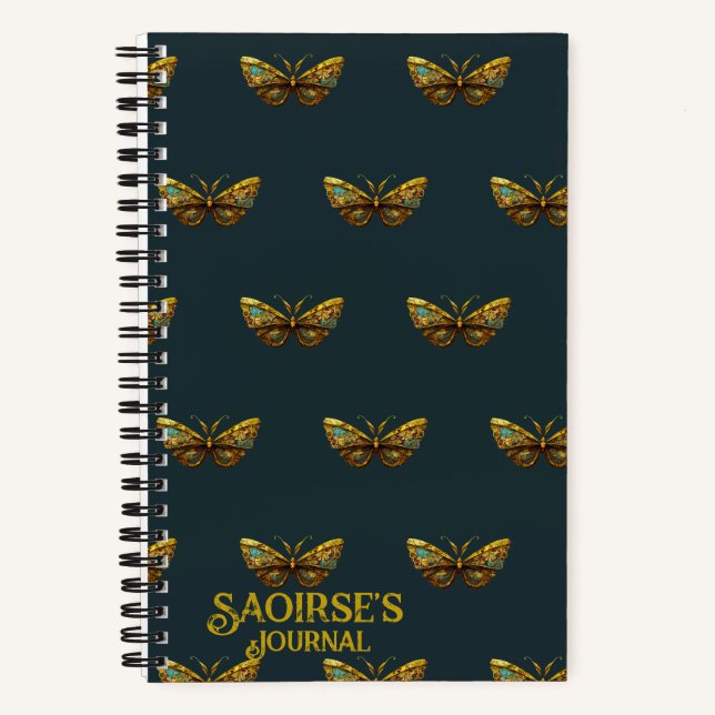 Ornate Gold & Teal Butterfly Small Hardcover Notebook (Front)