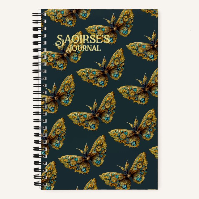 Ornate Gold & Teal Butterfly Small Hardcover Notebook (Front)