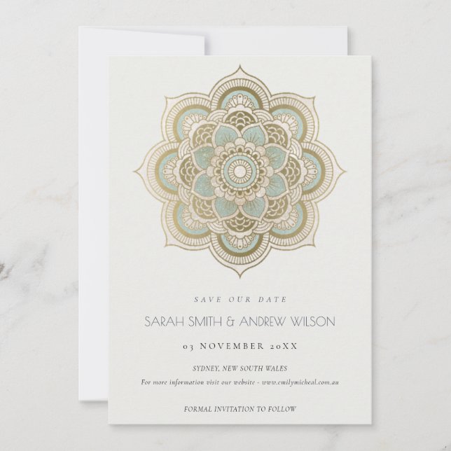 Ornate Gold Teal Mandala Save the Date Invite (Front)