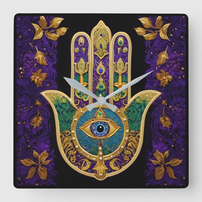  Ornate Gold Third Eye Hamsa Square Wall Clock (Front)