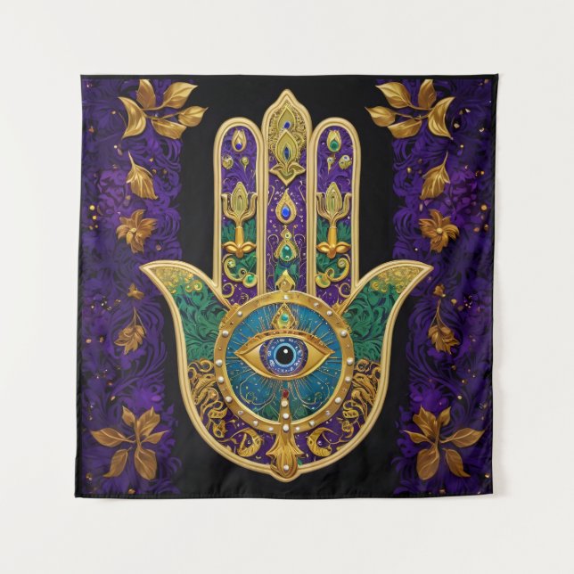  Ornate Gold Third Eye Hamsa Tapestry (Front)