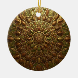 Ornate Golden Bronze Floral Mandala Embossed  Ceramic Ornament