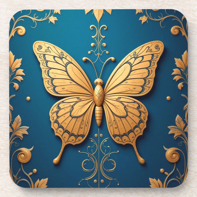 Ornate Golden Butterfly With Floral Pattern Coaster (Front)