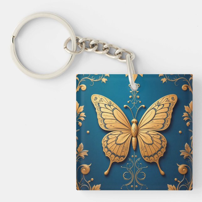 Ornate Golden Butterfly With Floral Pattern Keychain (Front)
