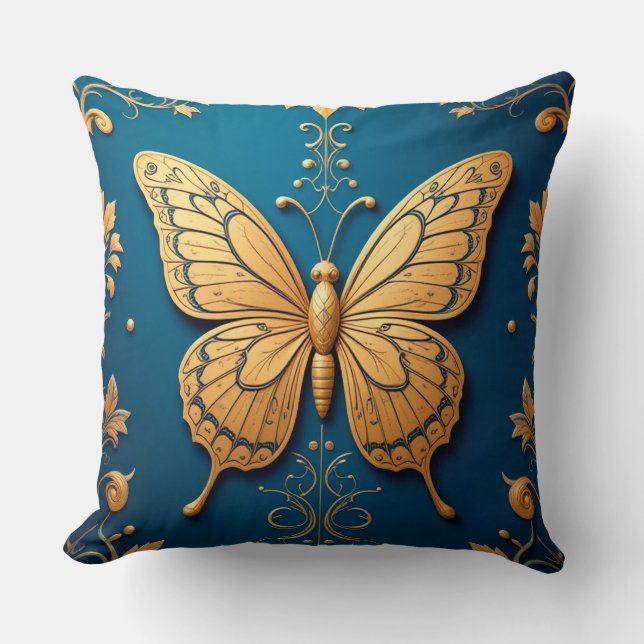 Ornate Golden Butterfly With Floral Pattern Throw Pillow (Front)