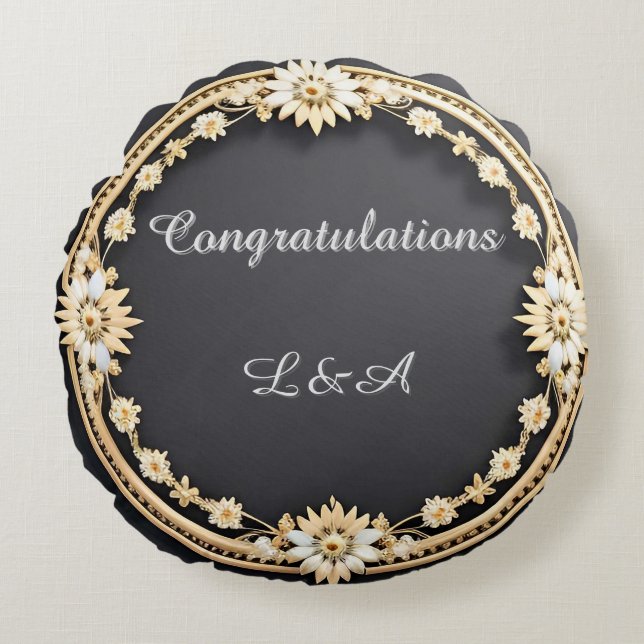 Ornate Golden Circular Decorative Frame Round Pillow (Front)