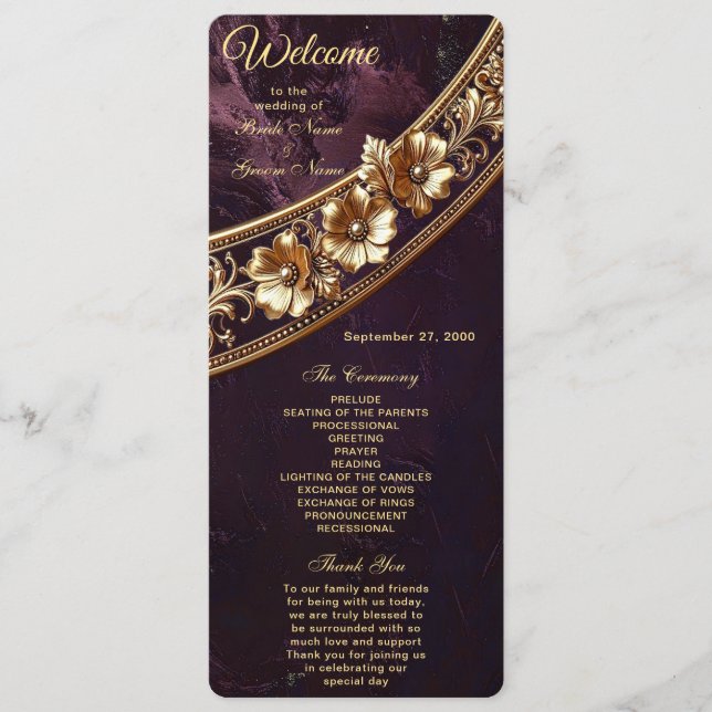 Ornate Golden Floral Wedding  Program (Front)