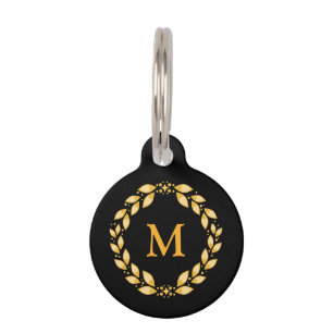 Ornate Golden Leaved Roman Wreath Monogram - Black Pet Tag
