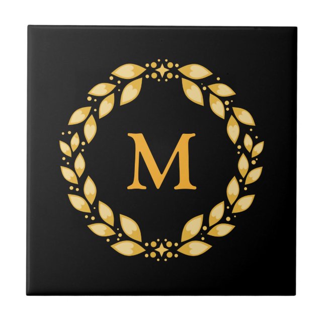 Ornate Golden Leaved Roman Wreath Monogram - Black Tile (Front)