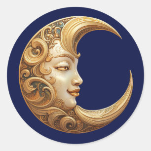 Ornate Golden Moon with Face, Celestial Classic Round Sticker