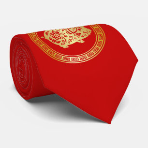 Ornate Golden Red Papercut Year of the Pig Tie