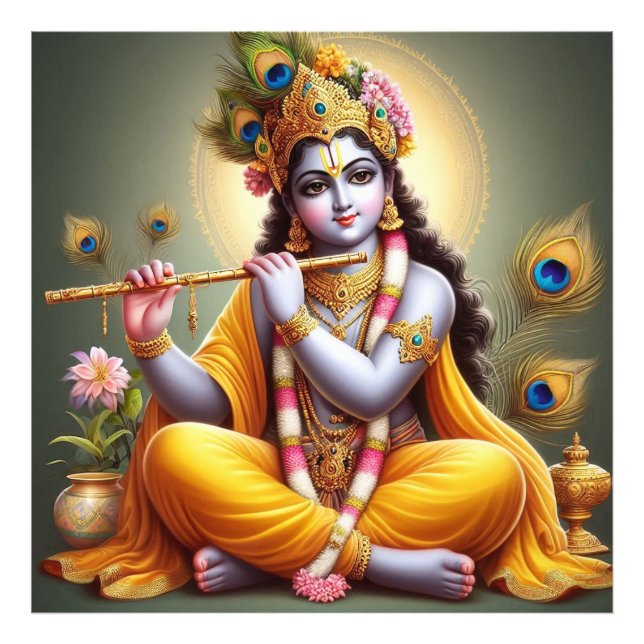 Ornate Golden Serene Krishna Flute Art Photo Print (Front)