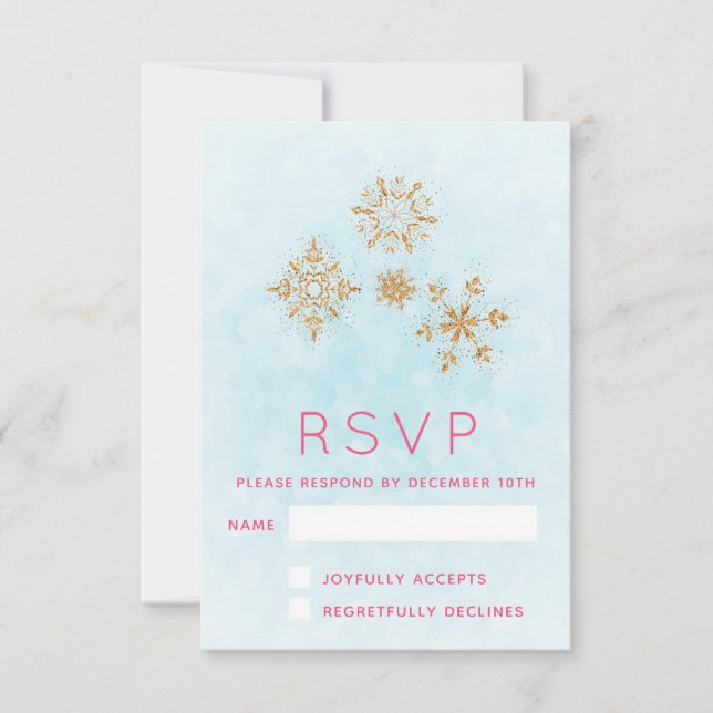 Ornate Golden Snowflakes on Blue Festive RSVP (Front)