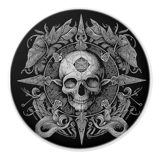 Ornate Gothic Skull Design Ceramic Knob (Front)