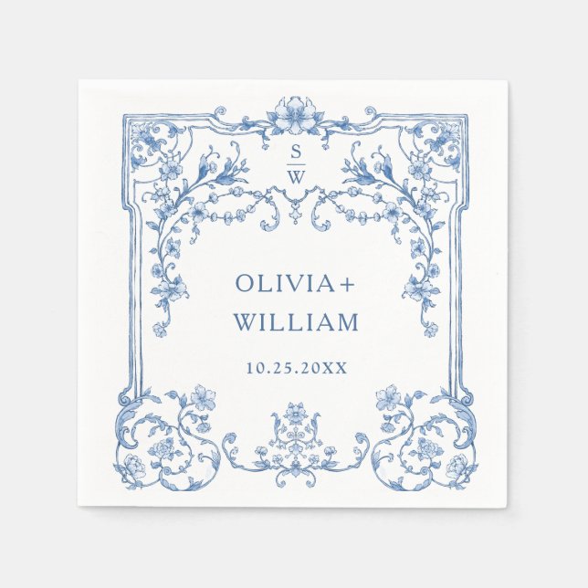 Ornate Grace Victorian Floral Blue Flowers Wedding Napkin (Front)
