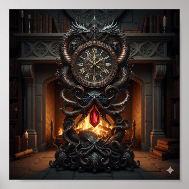 Ornate Grandfather Clock - Dragon & Octopus Design Poster (Front)