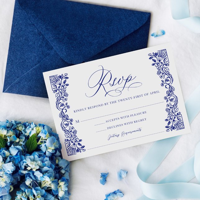 Ornate Greek Floral Pattern Blue Elegant Script  RSVP Card (Ornate Greek Floral Pattern Blue Elegant Script RSVP Card)