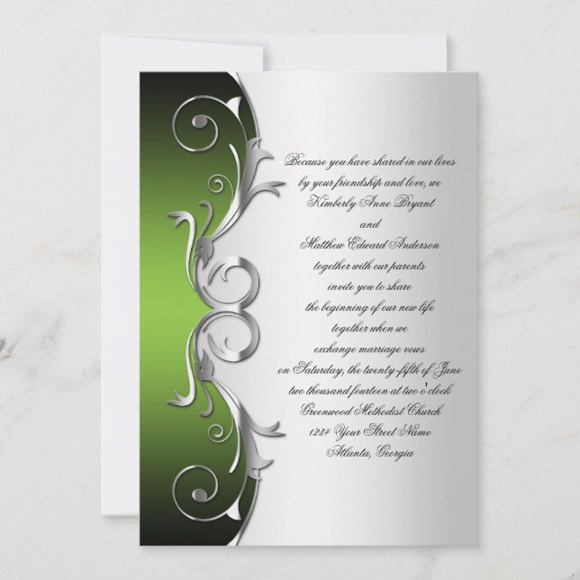 Ornate Green Black Silver Wedding Celebration Invitation (Front)