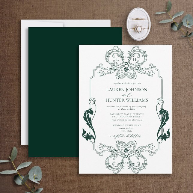 Ornate Green Floral Line Art Monogram Wedding Invitation (Creator Uploaded)