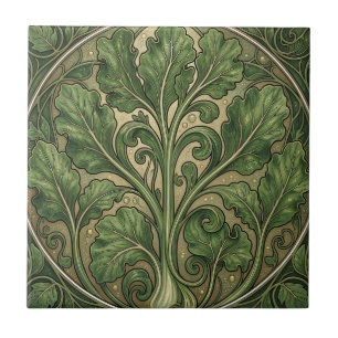 Ornate Green Kale Art Nouveau Tile