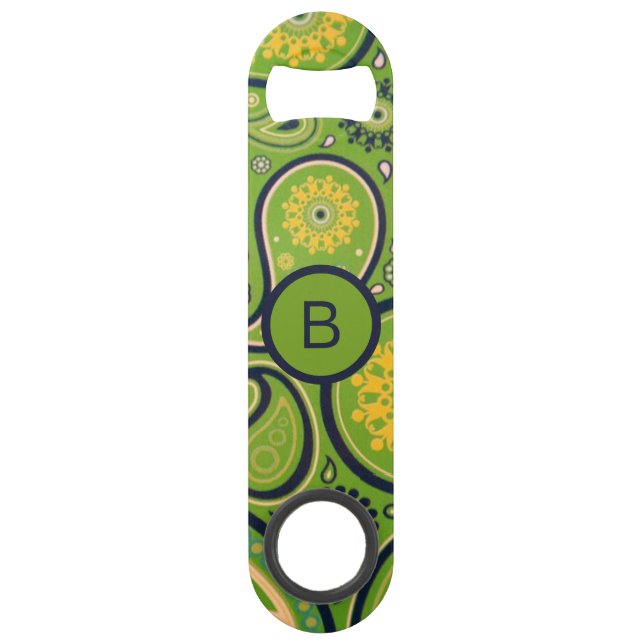 Ornate Green Paisley Pattern Monogram Bar Key (Front)
