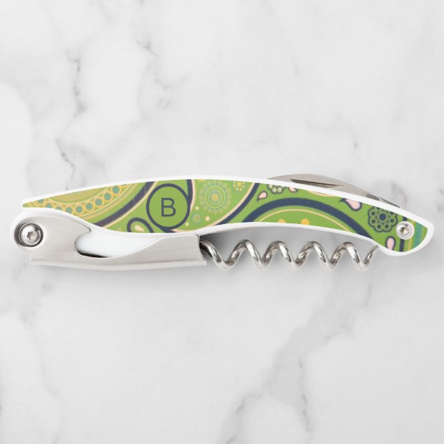 Ornate Green Paisley Pattern Monogram Corkscrew (Front)