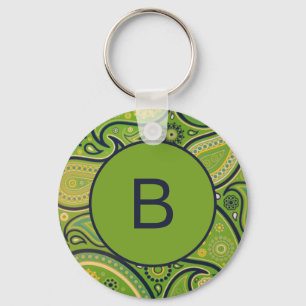 Ornate Green Paisley Pattern Monogram Keychain