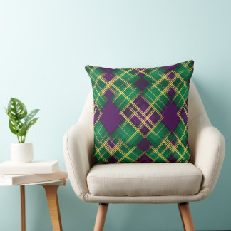 ORNATE GREEN & PURPLE DIAMOND PATTERN THROW PILLOW