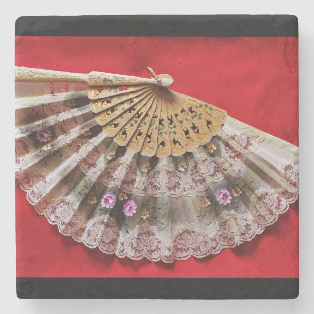 Ornate Hand Held Fan on a Red Background Stone Coaster (Front)